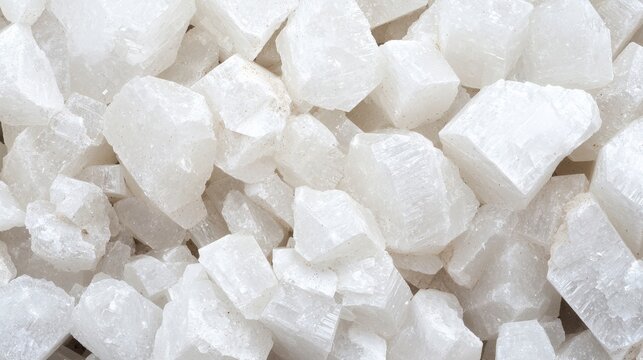 A pile of fine white sugar reflecting bright light and displaying the unique textures of zeolite crystal formation
