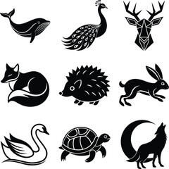 Geometric Wildlife Animal Silhouettes Whale, Peacock, Deer, Fox, Hedgehog, Rabbit, Swan, Turtle, Wol © Chaya