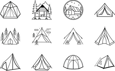 Camping Tent Icons Diverse Designs, Outdoor Adventure Graphics