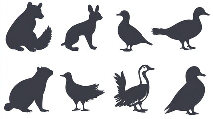 Wildlife silhouettes, various animals, side view, artistic illustration, educational, kids