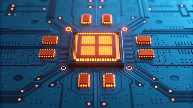 Hightech coding background with digital technology. Close-up of a circuit board with a central processor and illuminated components.