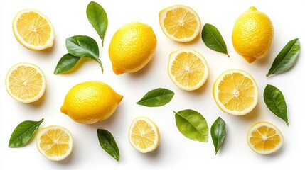 Fresh Yellow Lemons and Green Leaves on White Background