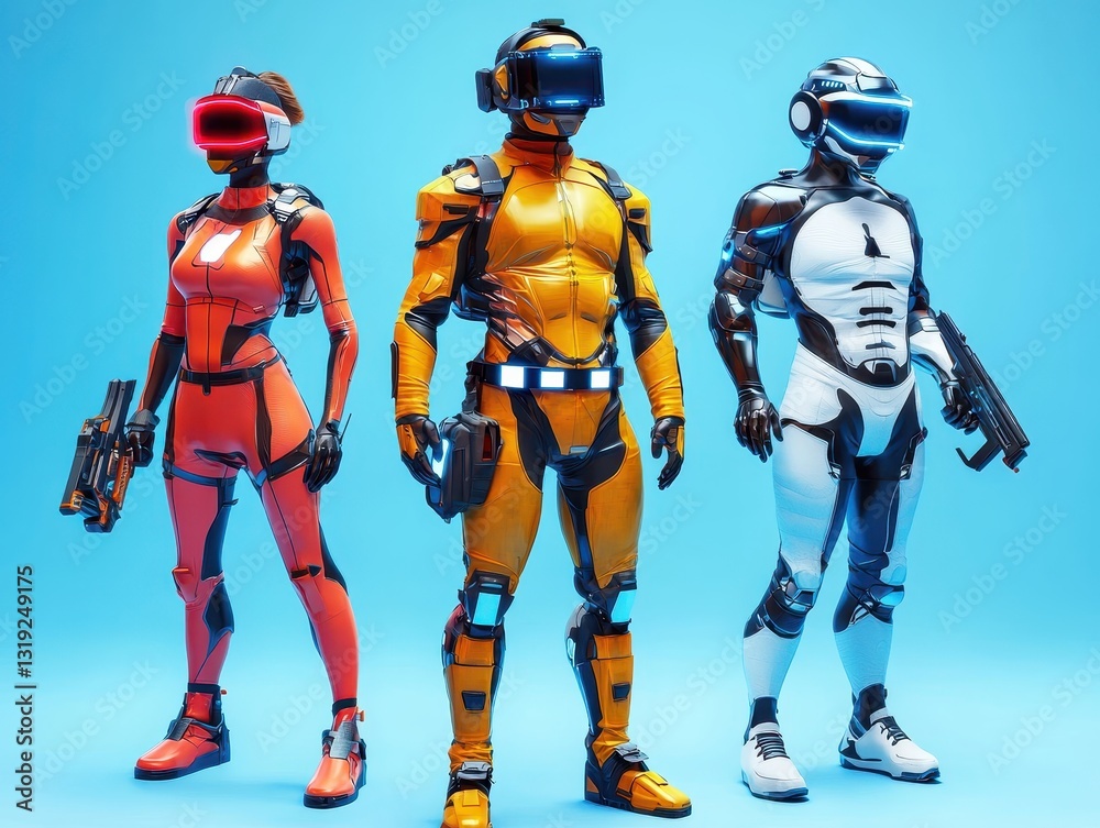 Poster five distinctly colored robots representing the future workforce in a realistic setting with copy sp