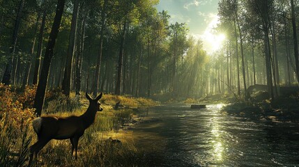 Deer by forest stream at dawn