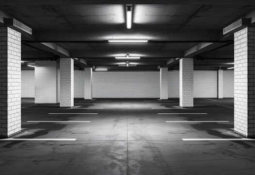 Underground parking garage, concrete structure, dark atmosphere, fluorescent lighting, empty spaces, structural pillars, parking lines, grayscale image, industrial design, urban architecture