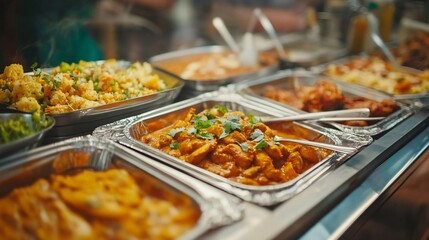 Obraz premium Culinary display at buffet, vibrant assortment of dishes including vegetables and meats in stainless steel trays, inviting atmosphere.