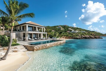 Luxurious beachfront villa with infinity pool overlooking crystal-clear turquoise ocean in tropical paradise