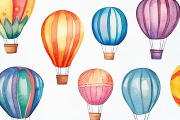 Colorful watercolor paintings of hot air balloons floating against white backdrop