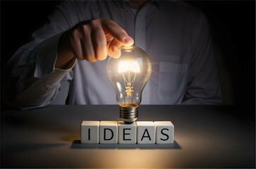 A person's hand is holding a light bulb over a set of magnetic letter tiles spelling out "IDEAS." The light bulb illuminated the letters