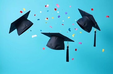 Graduation cap in confetti on neutral background. Postcard for the year 2025. Symbol of the wisdom of education and knowledge. Postcard for a graduation card. 