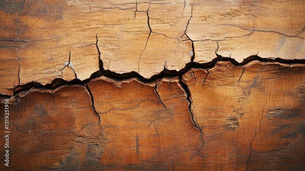 Poster Rich textures unfold on an aged wooden surface, with deep fissures tracing patterns across the grain, reflecting the passage of time and the beauty in imperfection