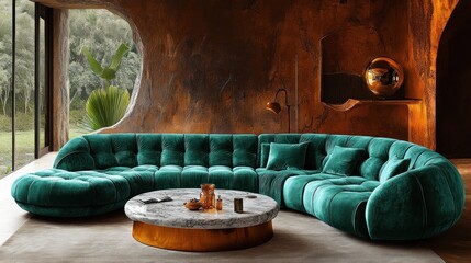 Teal sectional sofa in modern living room with copper accents