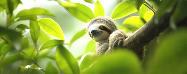 A cute sloth is perched among green leaves on a tree branch