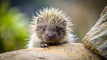 Fototapeta premium A curious young hedgehog peering over a rock, its tiny claws visible, in a natural outdoor setting.