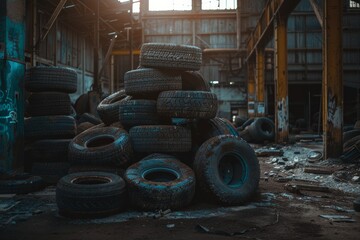 Old used car and truck tires for recycling. Neural network ai generated