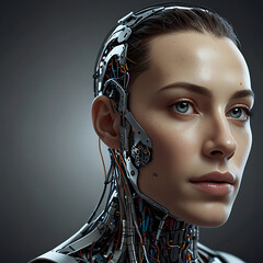 Futuristic humanoid head with a glowing AI brain, symbolizing artificial intelligence and advanced technology. Digital circuits, neural networks, and a high-tech cybernetic design