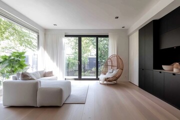 Fototapeta premium Modern living room with white sofa, wicker chair, and black cabinetry, large windows and natural light.