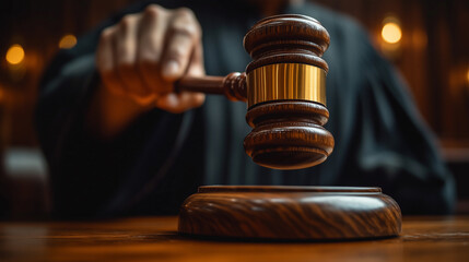 Judge Holding Gavel in Courtroom for Legal Decision