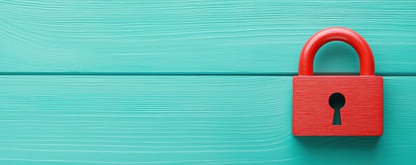 A bright red padlock sits on a teal wooden surface, symbolizing security and protection.