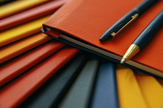 High Definition Image of a Collection of Notebooks a Pen and a Pen Are on a Table