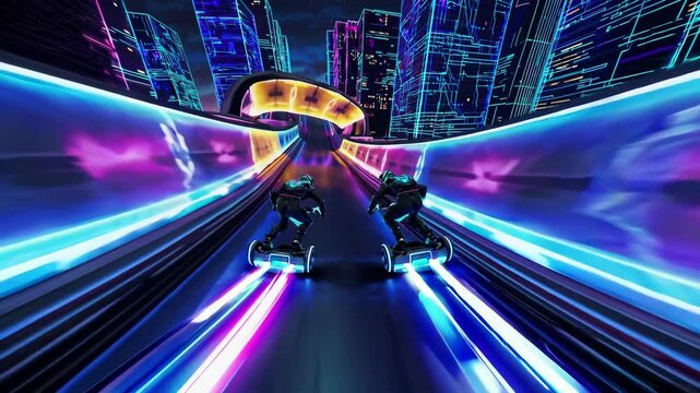 Futuristic racing through neon cityscapes on hoverboards at night