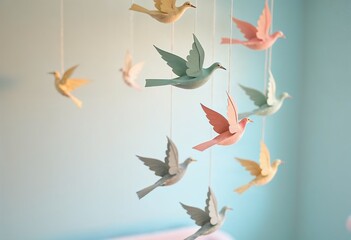 Colorful hanging paper doves gracefully suspended to create a whimsical atmosphere, copy space.