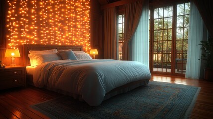 Fototapeta premium Cozy bedroom with warm lighting and forest view