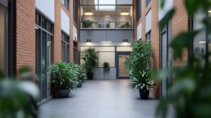 Fototapeta premium Tranquil Brick Building Interior Courtyard With Greenery
