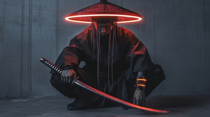 Cyberpunk samurai warrior crouching with katana and glowing hat