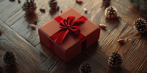 Red Gift Box with Pine Cones