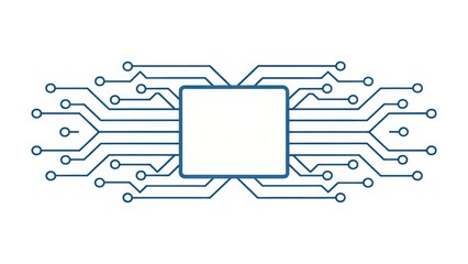 LLM Large Language Models. Abstract illustration of a circuit board with interconnected lines and a central chip area.