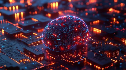 A glowing digital brain with neural links, representing AIdriven intelligent systems and advanced technology in a cybernetic, hightech world