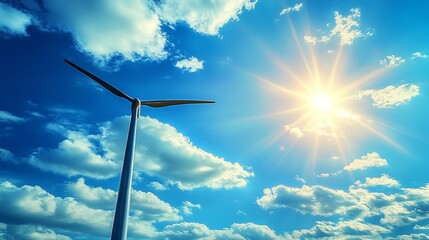A Majestic Wind Turbine Gracefully Spinning Under A Vibrant Sun-drenched Sky, Showcasing Natures Power With Brilliant Blue Hues And Fluffy White Clouds