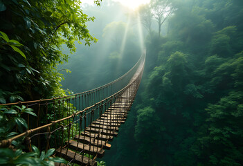 Fototapeta premium The Forest Crossing: A Rope Bridge Through the Wilderness