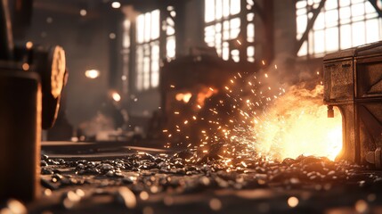 A vibrant scene in a bustling forge, showcasing molten metal and sparks in a workshop