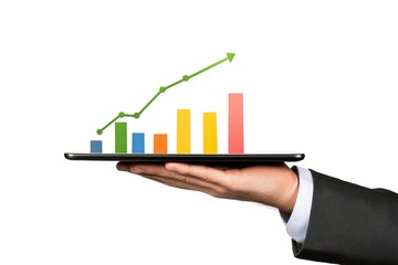 Business Growth Hand Holding Tablet Showing Upward Trend Bar Graph