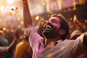 Obraz premium Joyful Holi festival celebration with colorful powder in the air 