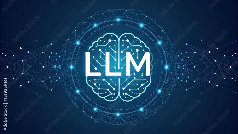 Poster llm large language models. digital representation of a brain with 