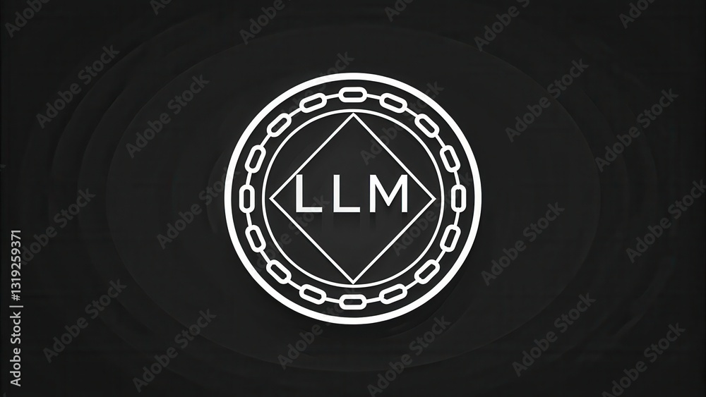 Poster llm large language models. logo design featuring a chain motif and the letters llm on a dark backgro