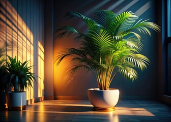 Fototapeta premium Illuminated palm, nestled in a white pot, glows softly against the night's darkness.