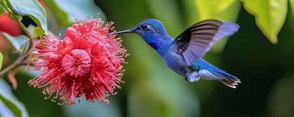 A vibrantly colored hummingbird feeding from a bright red flower