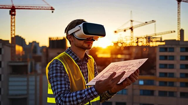 Architect using virtual reality headset inspects construction site and project plans