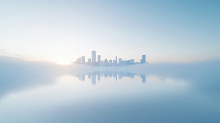 Obraz premium Serene cityscape reflected in calm water, hazy skyline merging with soft pastel colors, tranquil ambiance, perfect for meditation.
