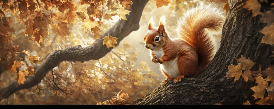A fluffy red squirrel perches on a tree branch in autumn