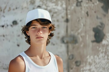 Sharp Image of Teenage Boy in White Snapback Cap and Tank Top Street Fashion Shoot
