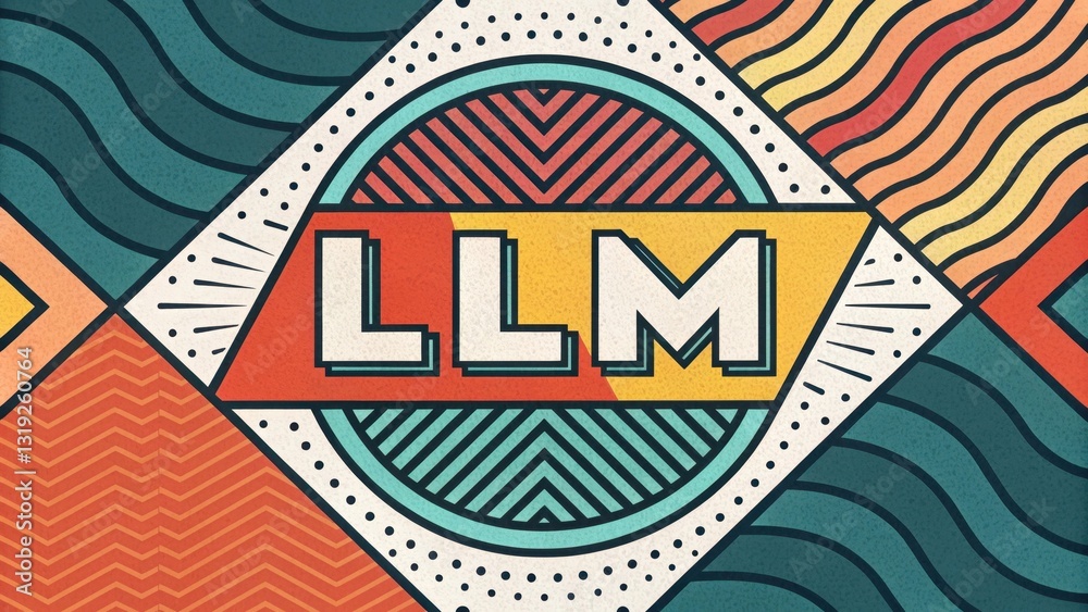 Poster llm large language models. colorful geometric design featuring the letters llm in a vibrant pattern.