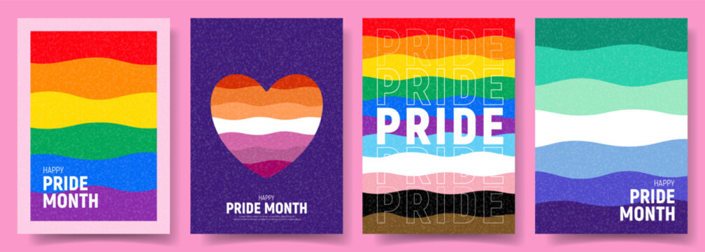 Pride Month posters concept. Vector illustration with wavy rainbow patterns and typography design. Set of Pride Month flyers for decoration of LGBT events, social media, cover, branding.