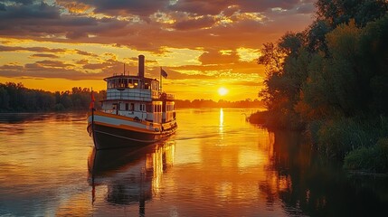 Fototapeta premium Serene Sunset Over Calm River with Vintage Steamboat at Golden Hour