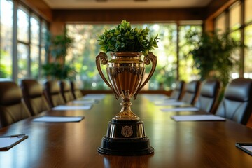 Golden trophy on boardroom table displayed prominently. Neural network AI generated