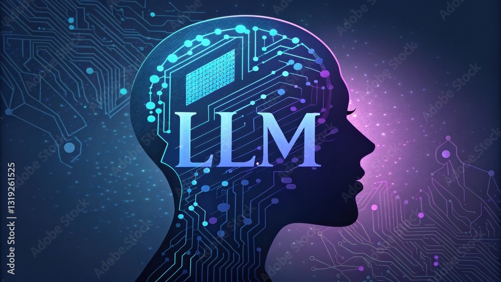 Poster llm large language models. digital representation of a human head with circuit patterns and the text